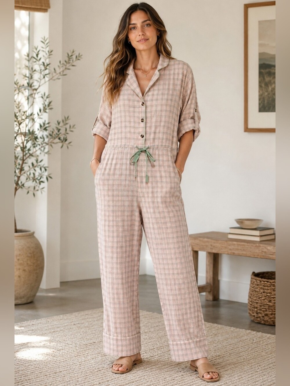 Roller Rabbit 100% Cotton Jumpsuit Size Medium Pink Plaid Drawstring Loungewear